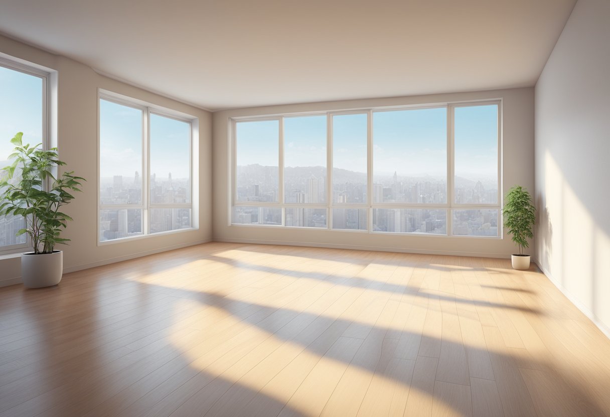 A spacious, empty apartment with clean, bare floors and walls. Windows let in natural light, highlighting the spotless surfaces and empty rooms