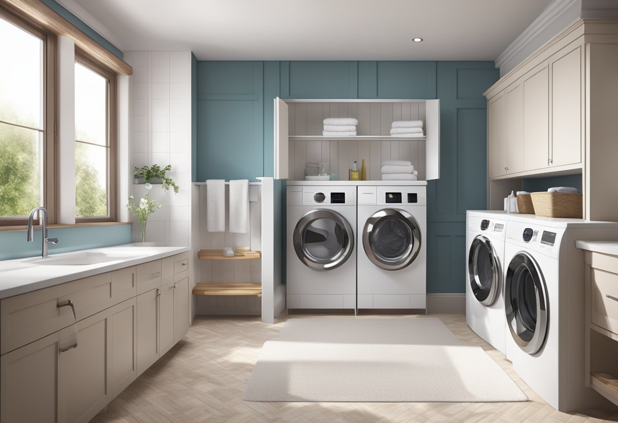 A clean bathroom and laundry area with sparkling fixtures and spotless floors. Empty laundry baskets and neatly folded towels add to the tidy space