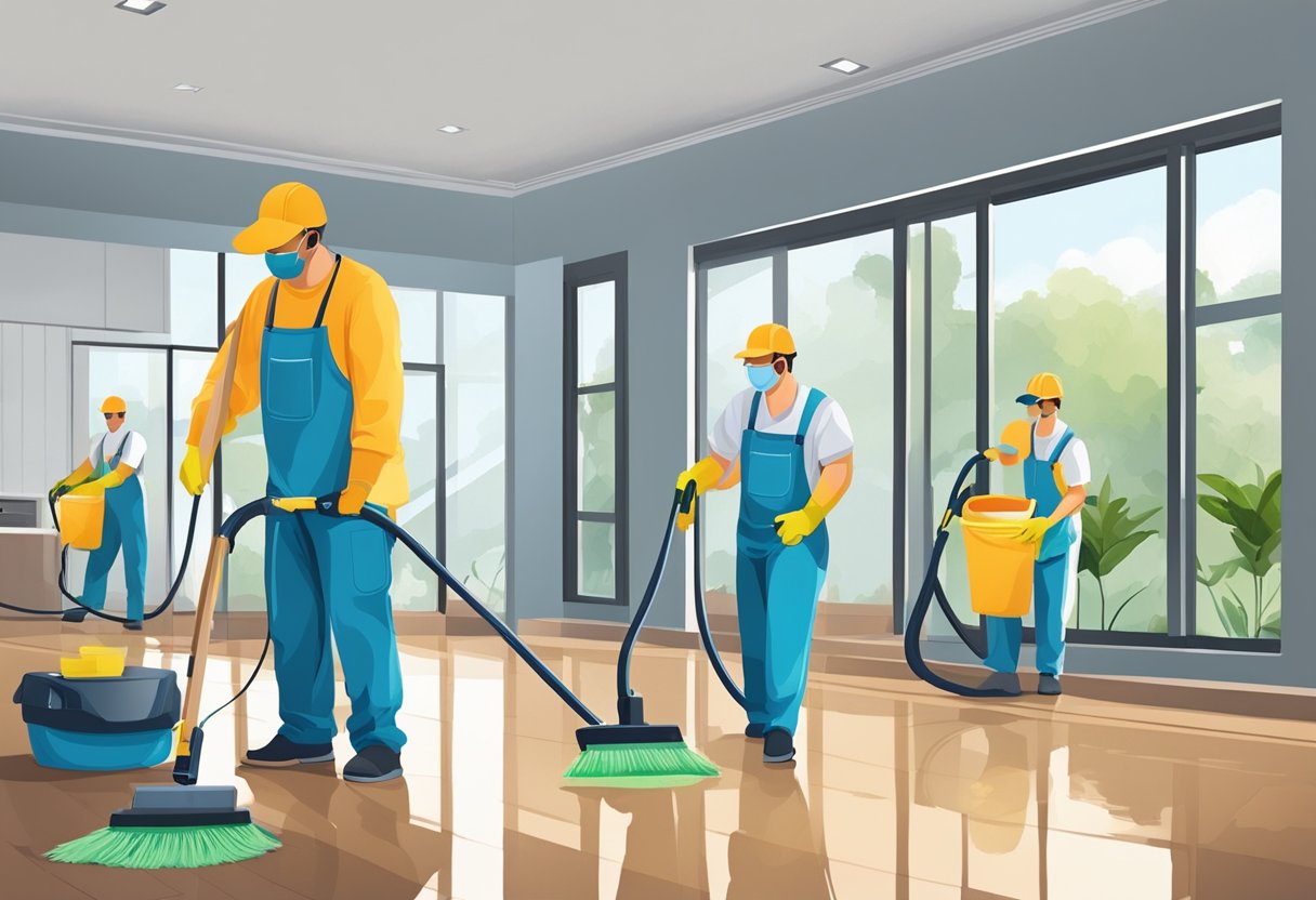 A team of cleaners meticulously scrubbing and polishing every corner of a spacious, empty house in Darwin, ensuring it is spotless for the end of lease inspection