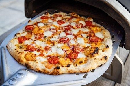 cooking pizza in a small, portable oven